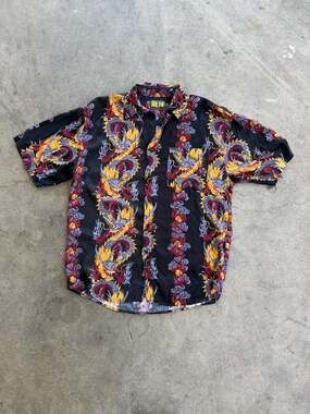 vintage Billion Bay Dragon All-Over Print Rayon Button-Down Shirt